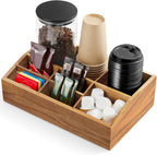 ALELION Acacia Wood Coffee Station Organizer for Countertop - 7 Compartments Coffee Bar Accessories and Organizer with Removable Dividers - Coffee and Tea Condiment storage Organizer