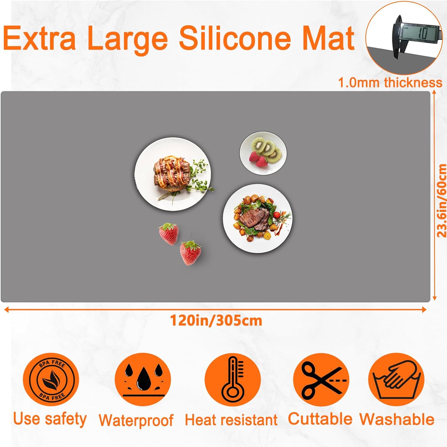 120" x24''(305cmx60cm) Extra Large Silicone Mat for Kitchen Counter, Heat Resistant Countertop Protector, Non-Slip Waterproof Kitchen Island Mat, Easy to Clean, Light Gray