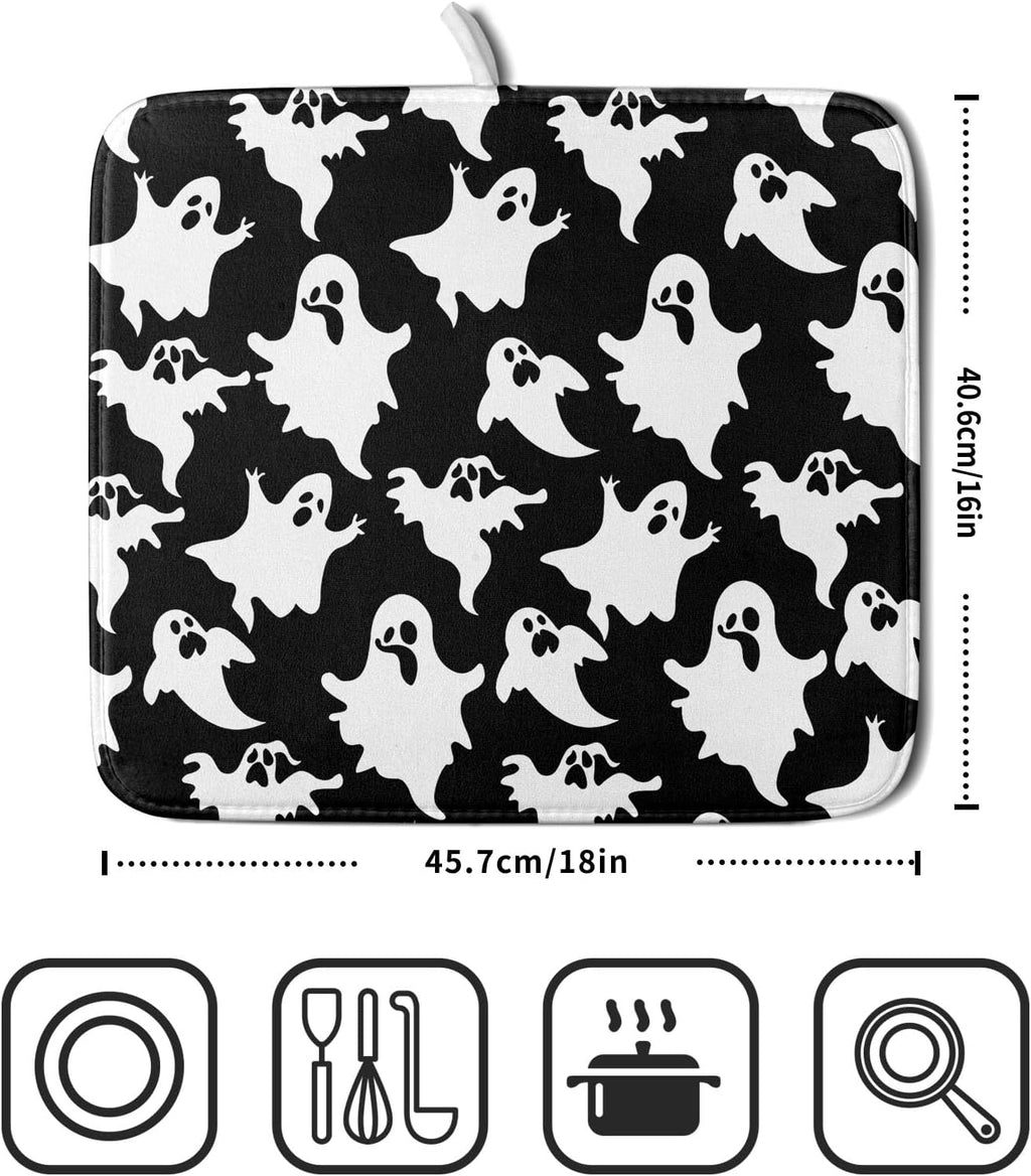 Halloween Bat Ghosts Dish Drying Mat for Kitchen Counter,Halloween Spooky Ghost Black and White Drying Mat 16 x 18 Inch Microfiber Dish Drying Pad Dish Rack Pad Drainer Mat for Coffee Bar