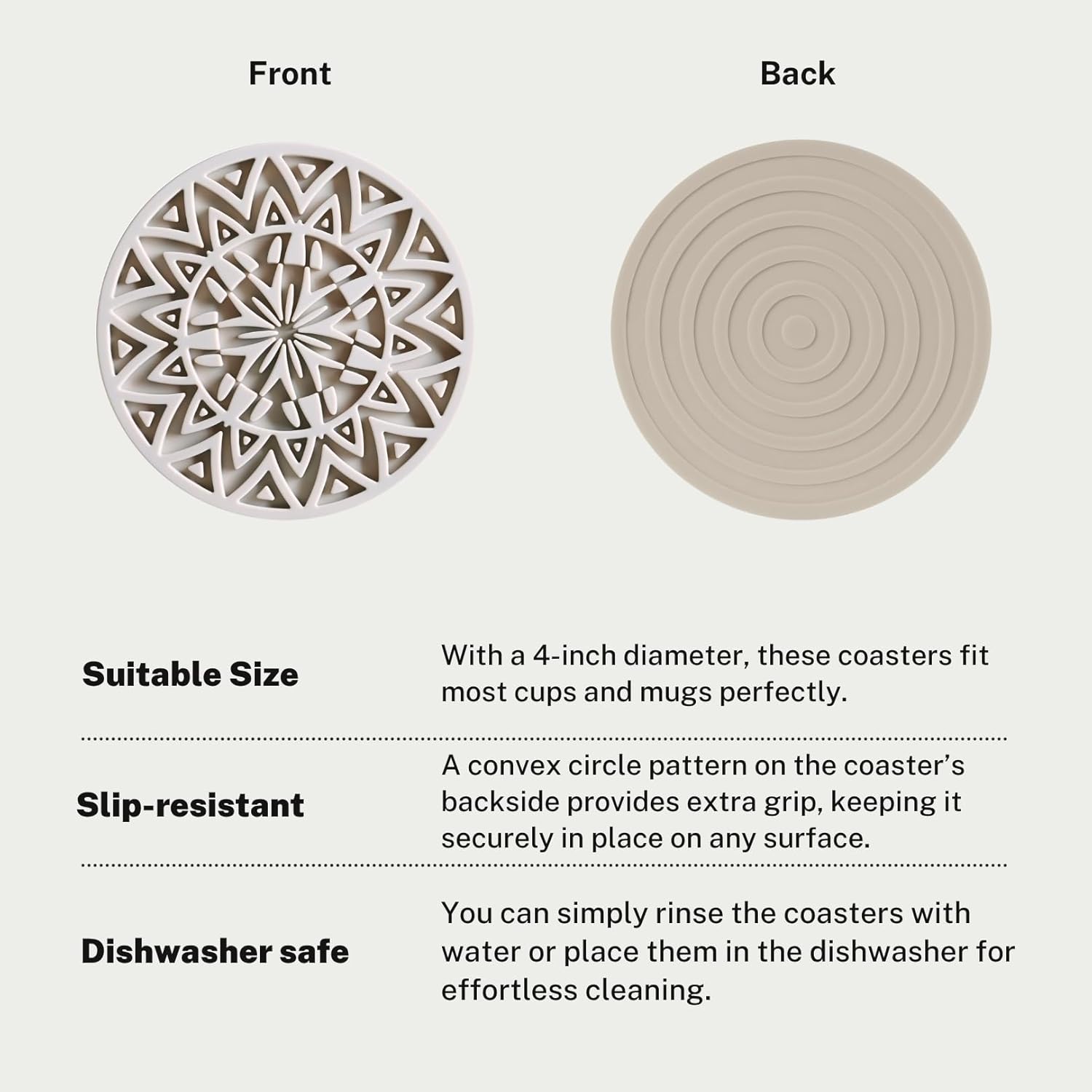 Set of 6 Light Taupe Silicone Coasters with Holder, Drink Coasters with Tribal Pattern Shape- for Table Protection, Anti Slip, Nonstick, Heat Resistant, Deep Tray