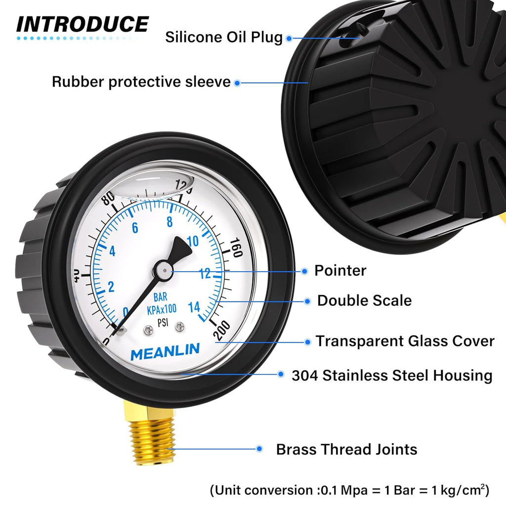 MEANLIN MEASURE 0~200Psi Stainless Steel Liquid Filled Pressure Gauge 1/4" NPT 2.5" FACE DIAL with Rubber Protective Sleeve, Lower Mount