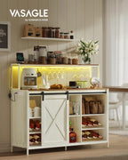 VASAGLE Coffee Bar Cabinet with Power Outlet and Voice Control LED Light, Buffet Cabinet with Sliding Barn Doors, S Hooks, Wine Glass Racks, Bottle Holders, Rustic White and Honey Brown ULSC201W01