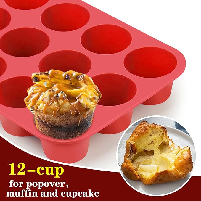 12-Cup Silicone Professional Non-Stick Popover Pans for Muffins, Brownies and Baking