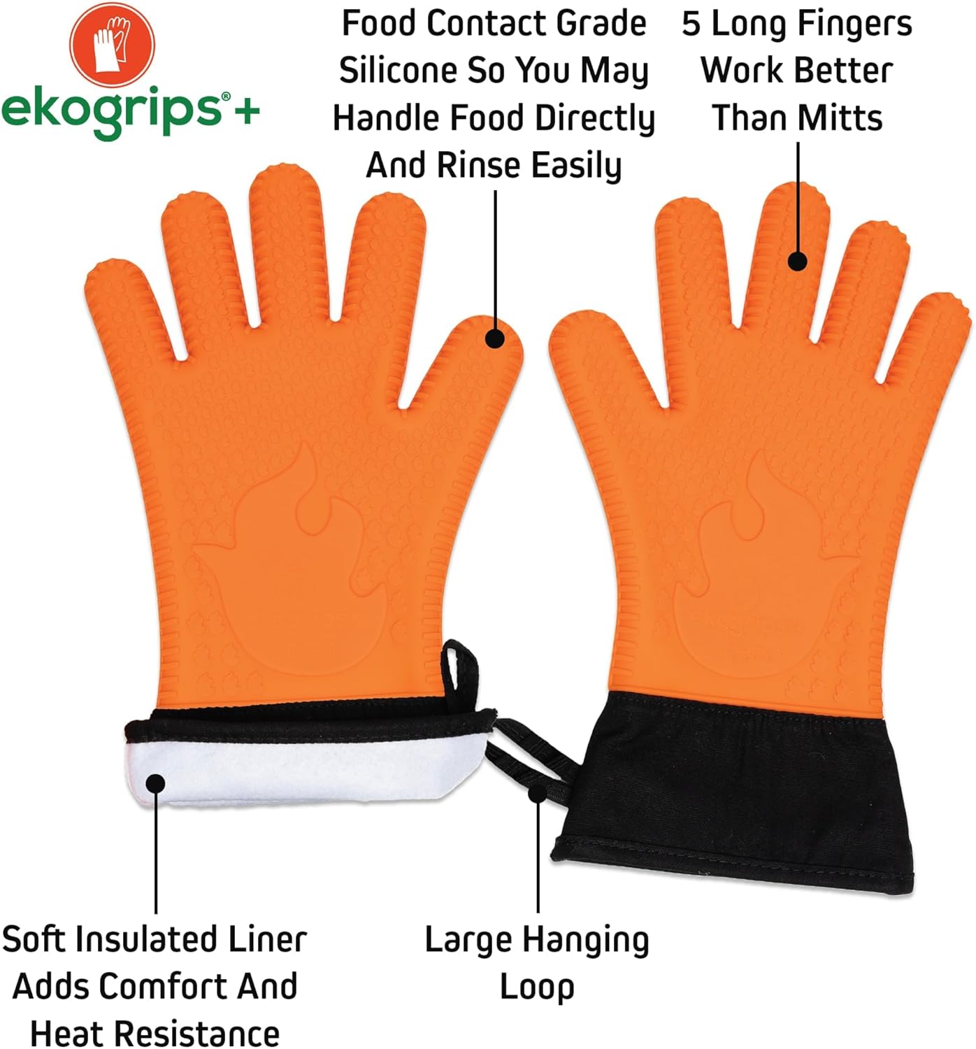 Ekogrips+ Premium Silicone Oven Mitts - Comfy, Waterproof, Heat Resistant BBQ Gloves for Grilling, Long Cuff for Added Protection, 5 Finger Dexterity, 3 Sizes, 4 Colors, S/M, Orange