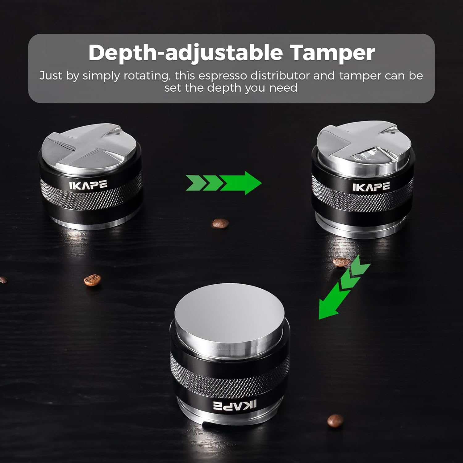IKAPE Coffee Products, 51mm Coffee Distributor & Hand Tamper, Adjustable Depth Espresso Distributor Fits All 51mm Espresso Portafilter, Compatible with Delonghi Bottomless Portafilter (Black)