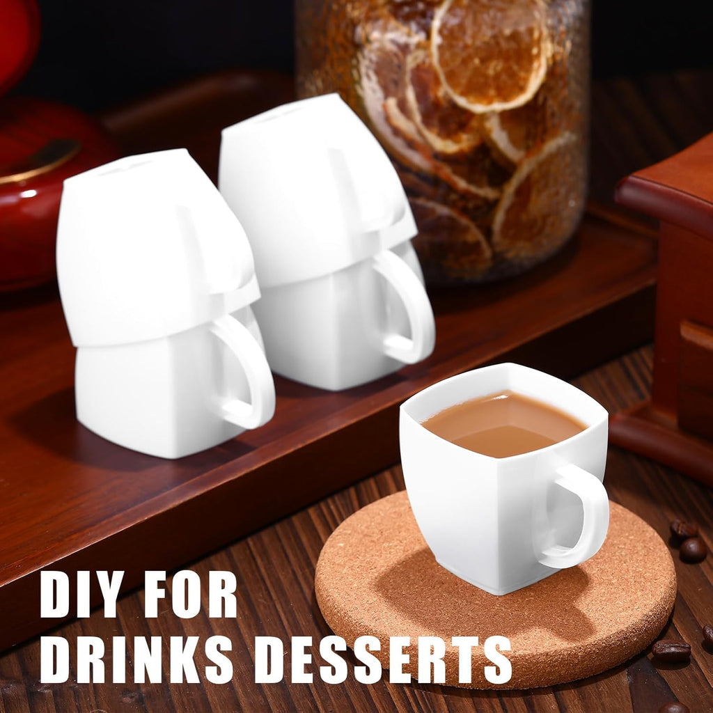 Amyhill 100 Pcs Disposable Tea Cups Mini Plastic Tea Cup Bulk with Handle Hard Plastic Coffee Mug Disposable Square Espresso Mug for Party Catering (White)