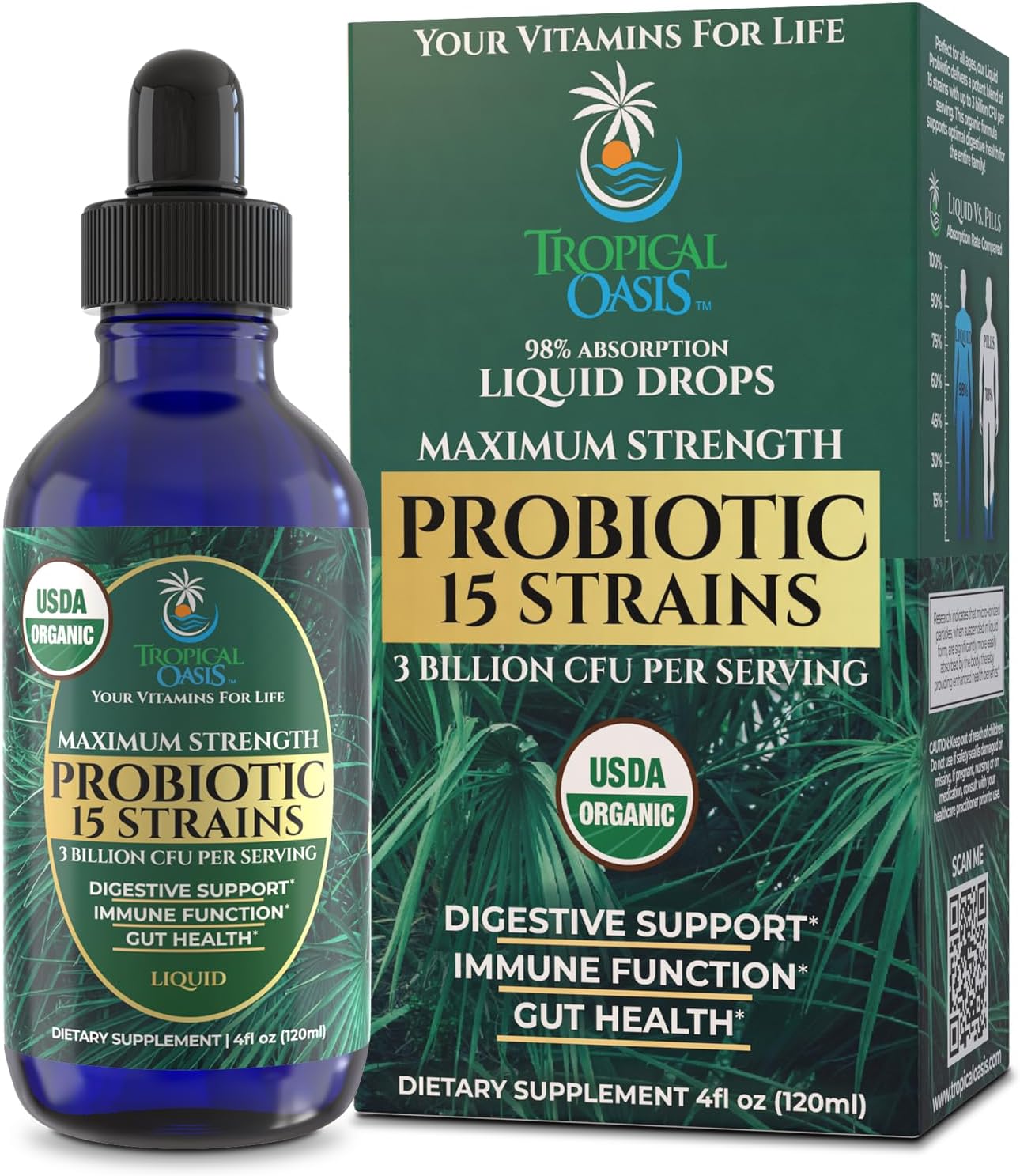 USDA Organic Liquid Probiotics for Men, Women & Kids | 15 Clinically Studied Strains | Digestive Support, Immune & Gut Health | Maximum Strength | 98% Absorption | Vegan, Non-GMO | 40 Serv