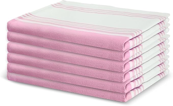 Urban Villa Kitchen Towels 100% Cotton Pack of 3, Highly Absorbent Quick Drying Super Soft Premium Dish Towels for Kitchen with Hanging Loop Hand & Tea Towels - 20x30 Inch, (Pink & White, Striped)