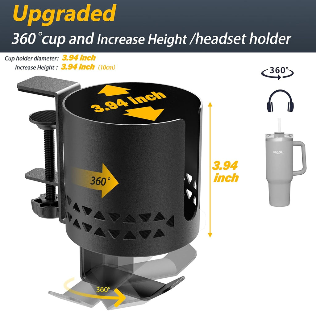 Desk Cup Holder Metal & Headphone Hanger 360° Rotating PC Gaming Desk Accessories Anti-Spill Table Cup Holder Clamp on Chair for Coffee Mugs Stanley YETI Bottles Pencil Holder