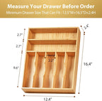 Umilife Kitchen Drawer Organizer, 12.5 Inch Silverware Utensil Tray Holder, Extra Deep, with Non-Slip Feet & Grooved Drawer Divider, 7 Slots Total Bamboo Wood Caddy for Flatware Cutlery Knives