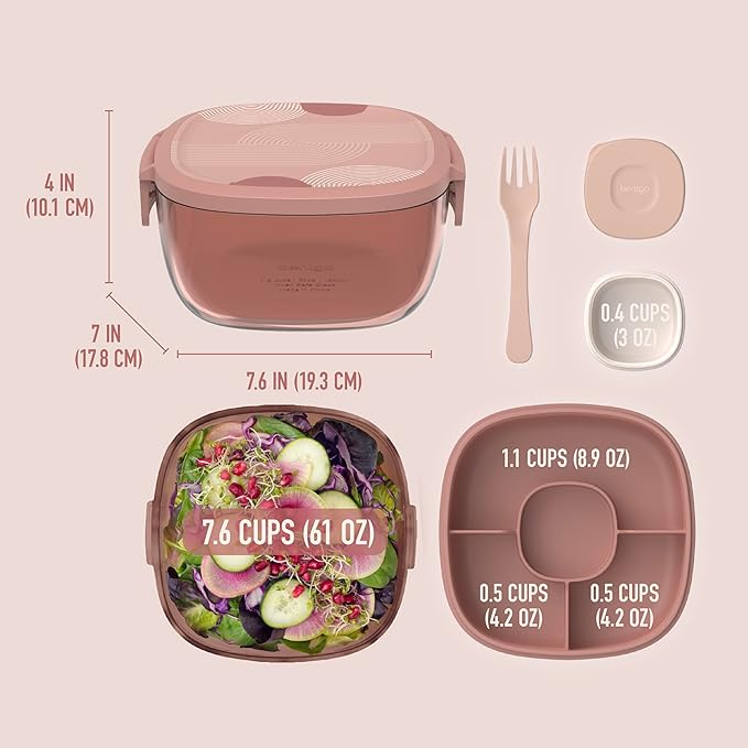 Bentgo Glass Prints All-in-One Salad Container - 61oz Tinted Glass Salad Bowl with Lid, Bento-Style Tray, Sauce Container, & Reusable Fork - Dishwasher & Microwave Safe (Mod Curve - Desert Rose)