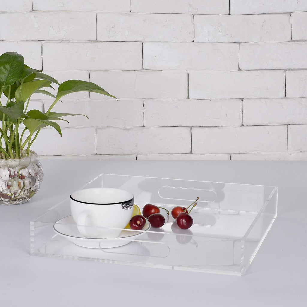 Clear Sturdy Acrylic Serving Tray with Handles - 12x12Inch - Coffee, Appetizer, Breakfast, Butler Tray - Kitchen Countertop & Makeup Drawer Organizer