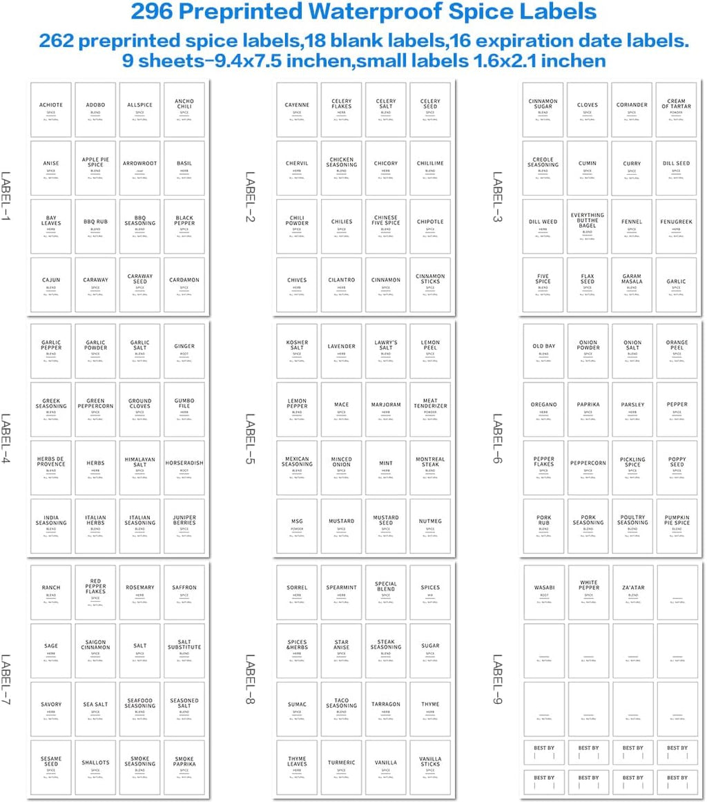 12 Pcs Glass Spice Jars With 296 Spice Labels Preprinted of White and Black Color- 10oz Thicken(2.4mm) Spice Containers With Bamboo Airtight Lids - Empty Small Herb Seasoning Jars