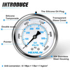 MEANLIN MEASURE 0~10000Psi Stainless Steel 1/4" NPT 2.5" FACE DIAL Liquid Filled Pressure Gauge WOG Water Oil Air Center Back Mount, with 1/4" x 1/2" NPT and 1/4" x 3/8" NPT Hex Bushing