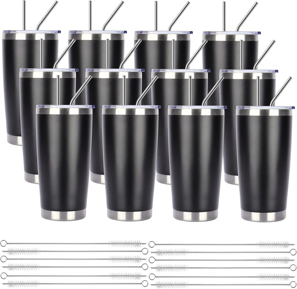 Pandance 20oz Stainless Steel Insulated Tumblers with Lid and Straw Bulk, Double Wall Vacuum Water Cups for Hot & Iced Coffee Drinks Travel Mug (Black, 12 pack)