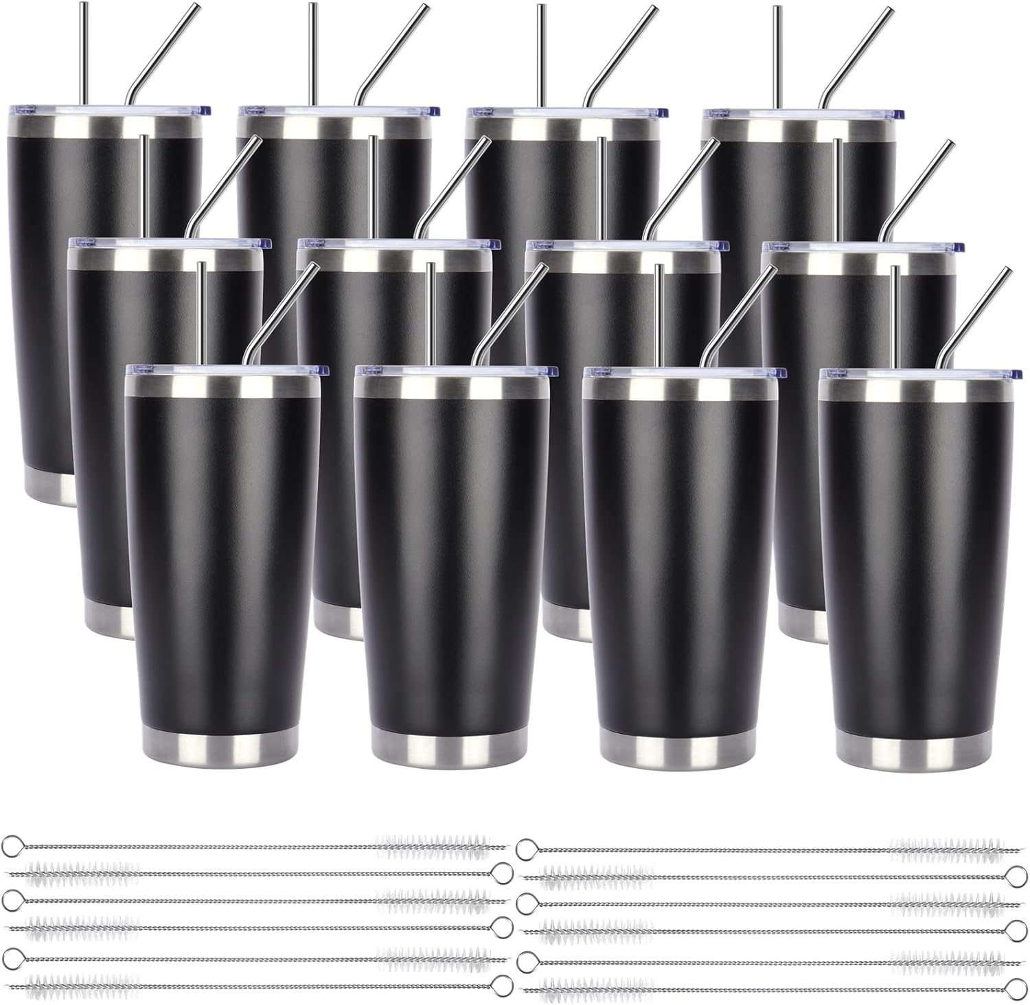 Pandance 20oz Stainless Steel Insulated Tumblers with Lid and Straw Bulk, Double Wall Vacuum Water Cups for Hot & Iced Coffee Drinks Travel Mug (Black, 12 pack)
