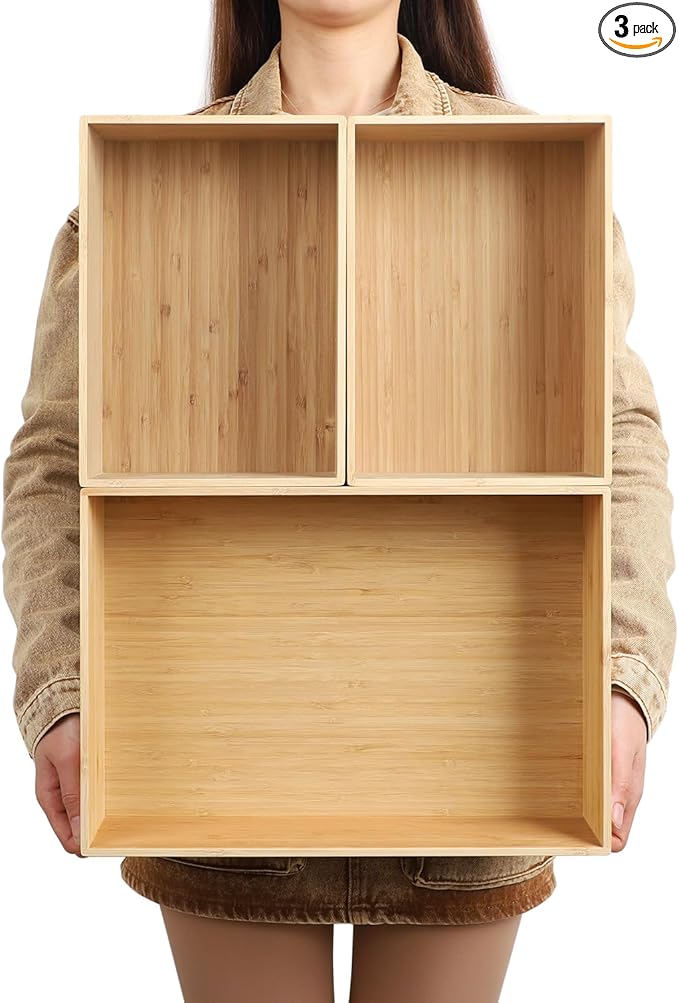 3-Piece Large Bamboo Storage Box Set, 7.1 in High Stackable Deep-Drawer Organizer for Kitchen Cutlery, Utensils & Knives, Exquisite and Durable Lidless Wooden Bin (14.6"x10.2x7.1"*1+10.2"x7.3"x3"*2)