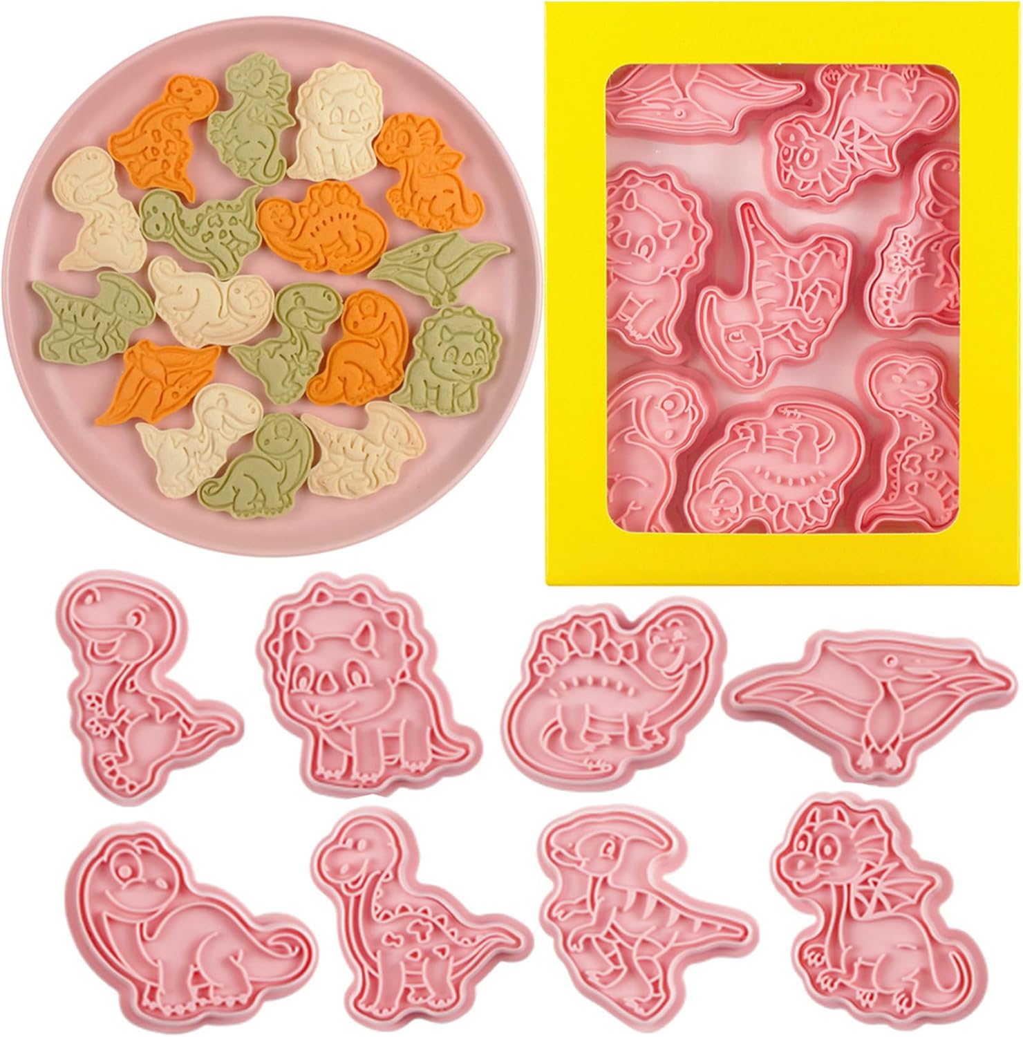 8 Pcs Dinosaur Cookie Cutters Set Baking Molds 3D Dinosaur Press type Cookie Cutter for Baking, Fondant, Cheese, and Pastries