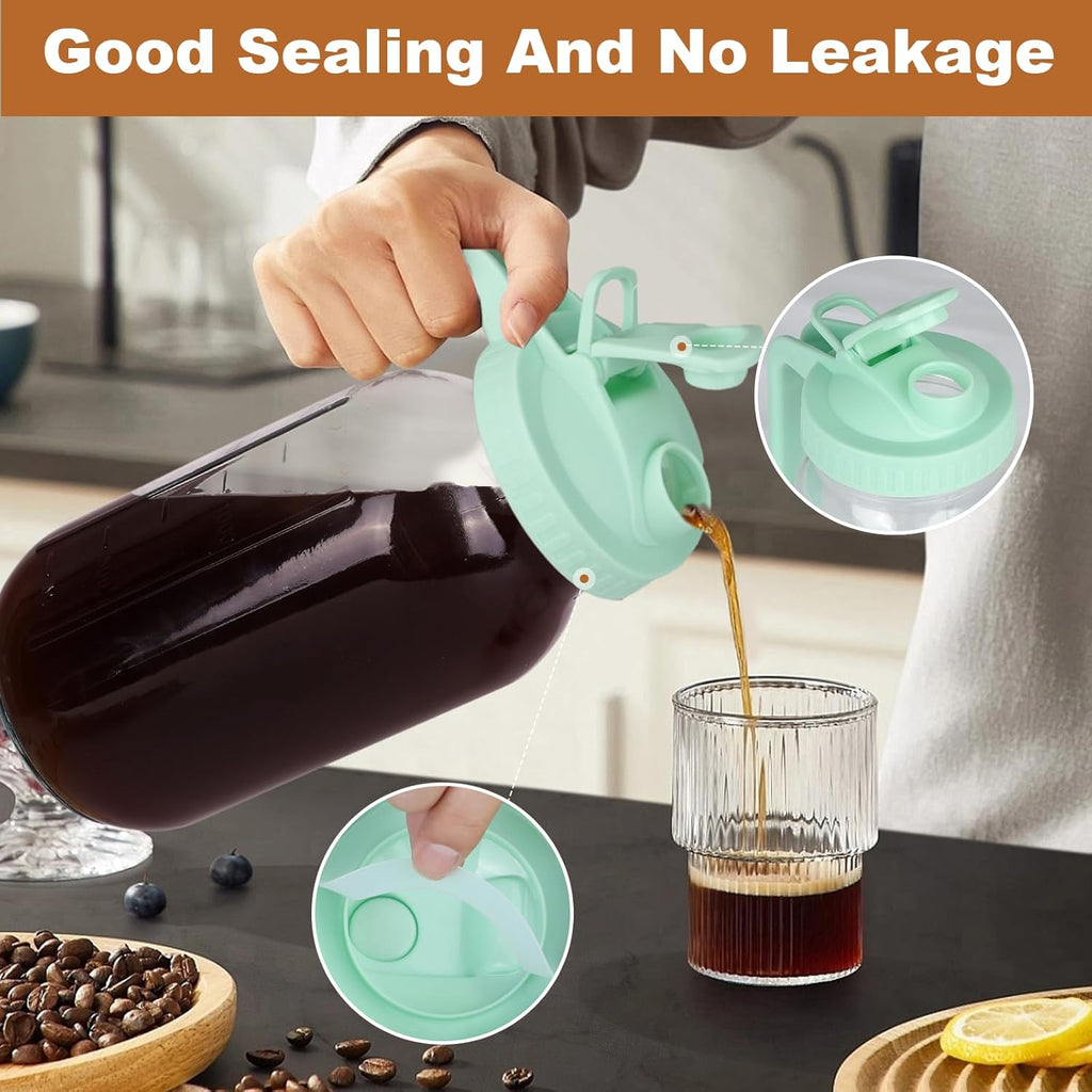 Cold Brew Coffee Maker，64 oz Wide Mouth Mason Jar Pitcher with Stainless Steel Filter, Pour Spout Handle Lid, Heavy Duty Glass Airtight & Leak-Proof Pitcher for iced coffee & Tea Lemonade-Green