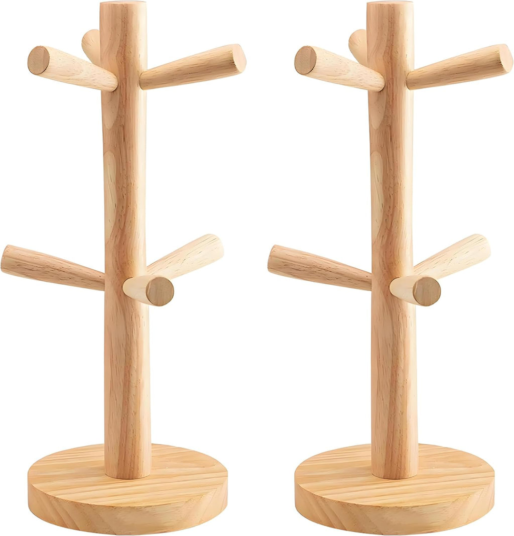 2 Pieces Mug Holder Tree,Coffee Cup Holder with 6 Hooks, Wood Mug Rack for Counter,Coffee Bar Accessories and Orgnizer Station