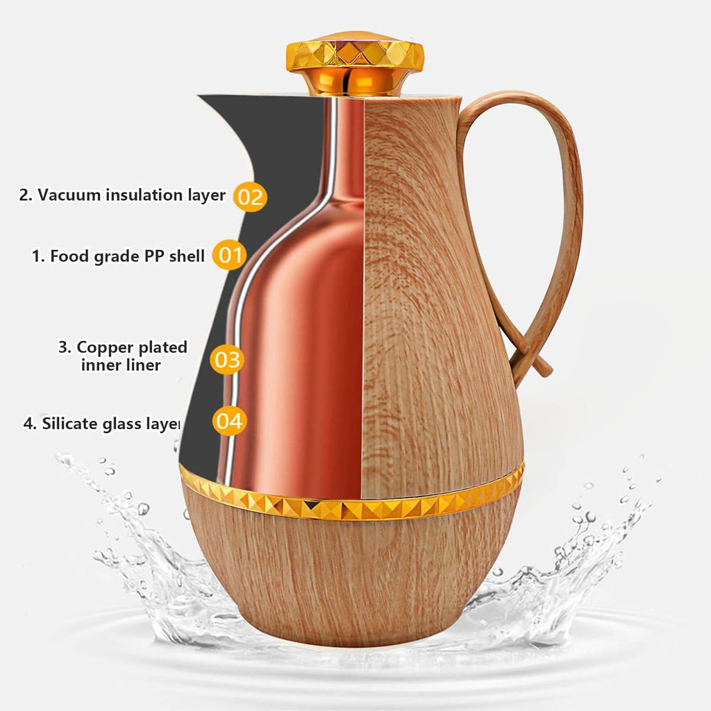 Insulated Thermal Coffee Carafe, 33 oz, Luxury Arabic-Style Insulated Carafe Flask, Coffee Tea Pot, with Spout and Glass Liner for Hot Cold Water, Housewarming Ornaments (Wood Color)