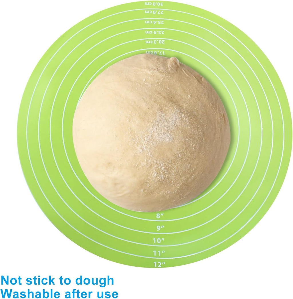 Hitefu 12 Inch Round Silicone Cake Mat, Silicone Baking Mat with Measurement for Cake Turntable & Rolling Dough (Green)