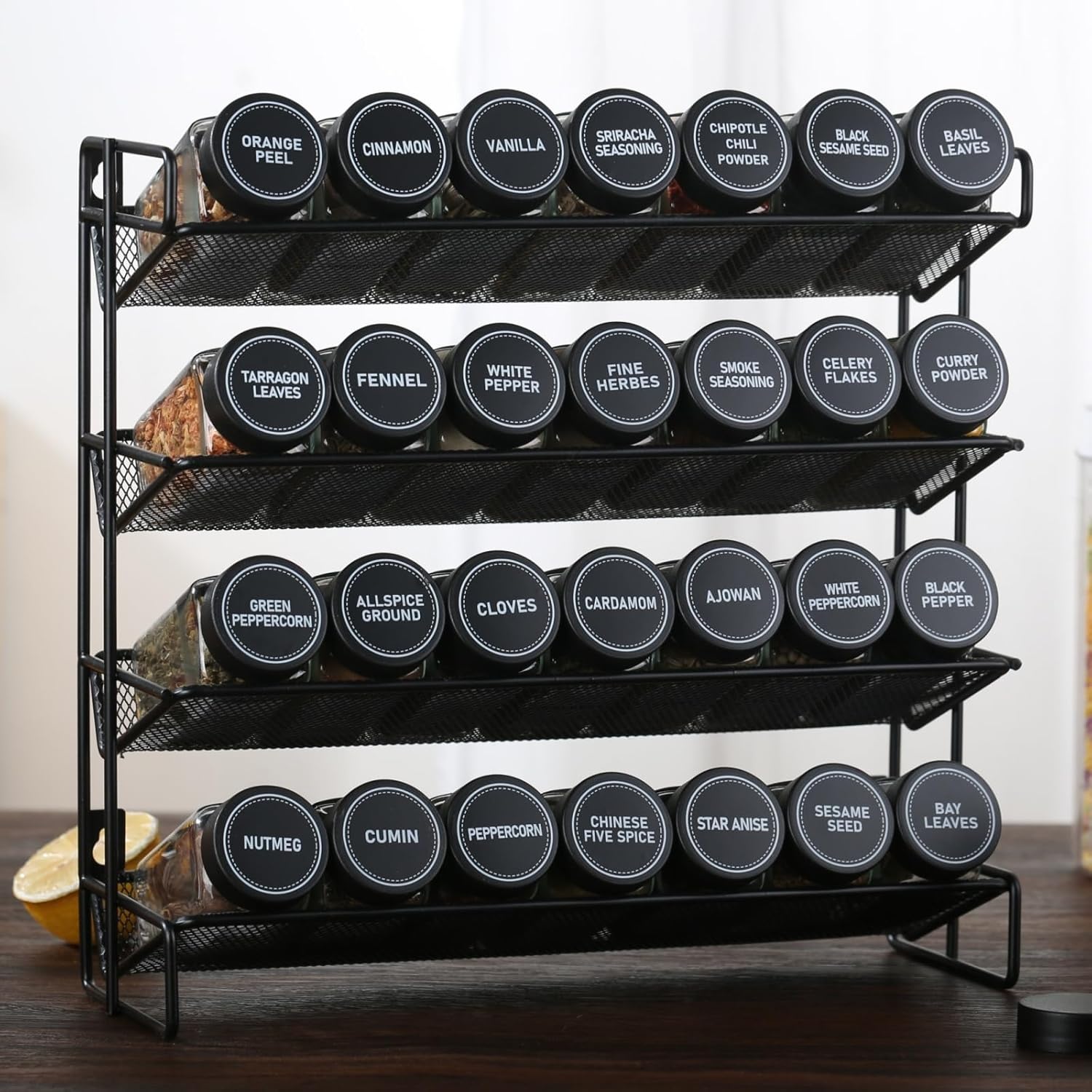 36Pcs Spice Jars Containers with Labels，4oz Black Seasoning Bottles with Shaker Lids for Rack, Cabinet, Drawer,Empty Square Condiment Pots (36, Black)