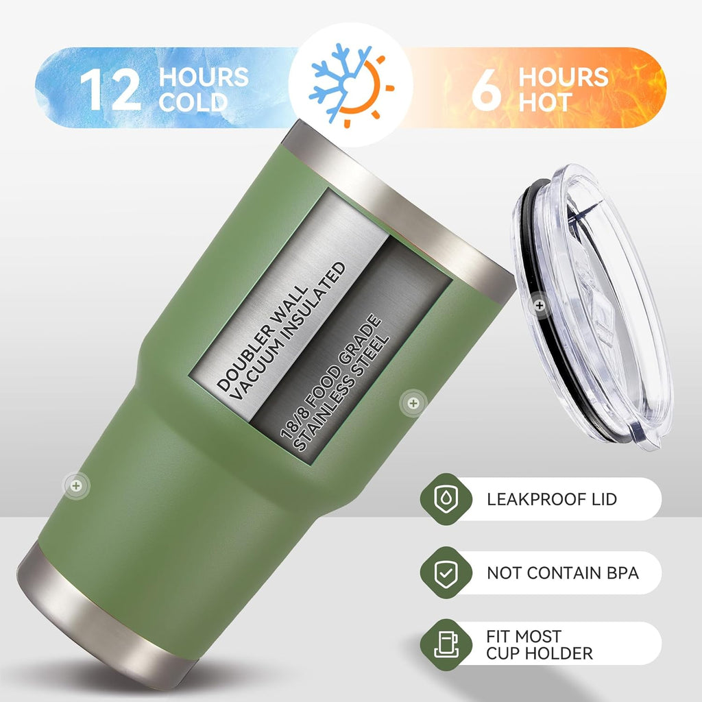 30 oz Tumbler with Lid Stainless Steel Tumblers Bulk Vacuum Insulated Cup Reusable Powder Coated Travel Mug Double Wall Leak Proof Cups Keep Cold Drinks for 12 Hours Army Green, Set of 8