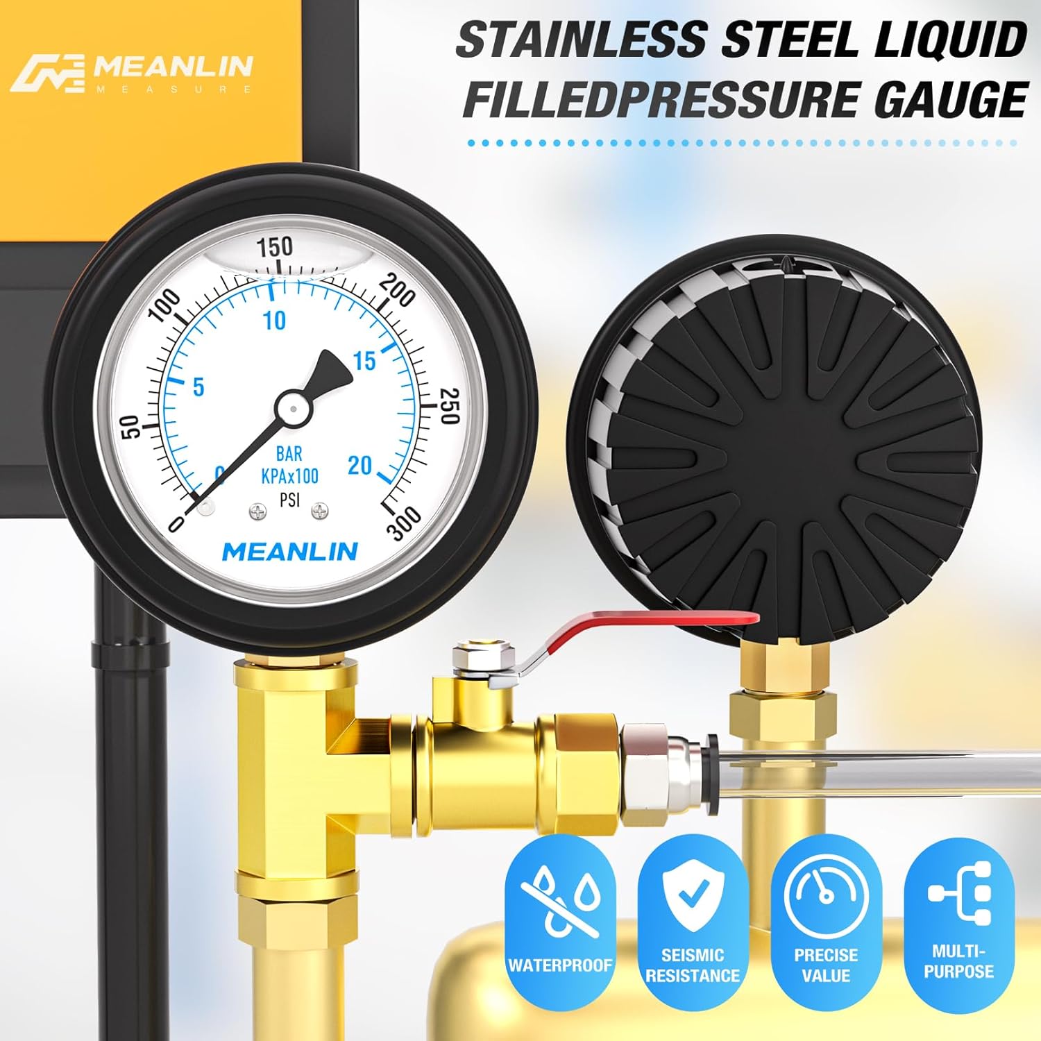 MEANLIN MEASURE 0~300Psi Stainless Steel Liquid Filled Pressure Gauge 1/4" NPT 2.5" FACE DIAL with Rubber Protective Sleeve, Lower Mount