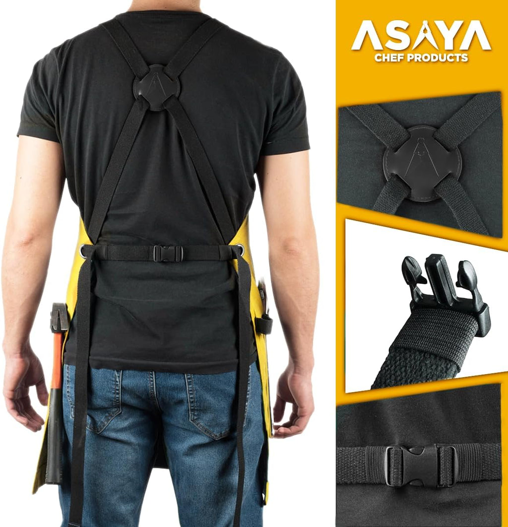 Asaya Chef and BBQ Apron with Bottle Opener and Hand Towel - 10oz Cotton Canvas, Stainless Steel Hardware - Cross Back Straps