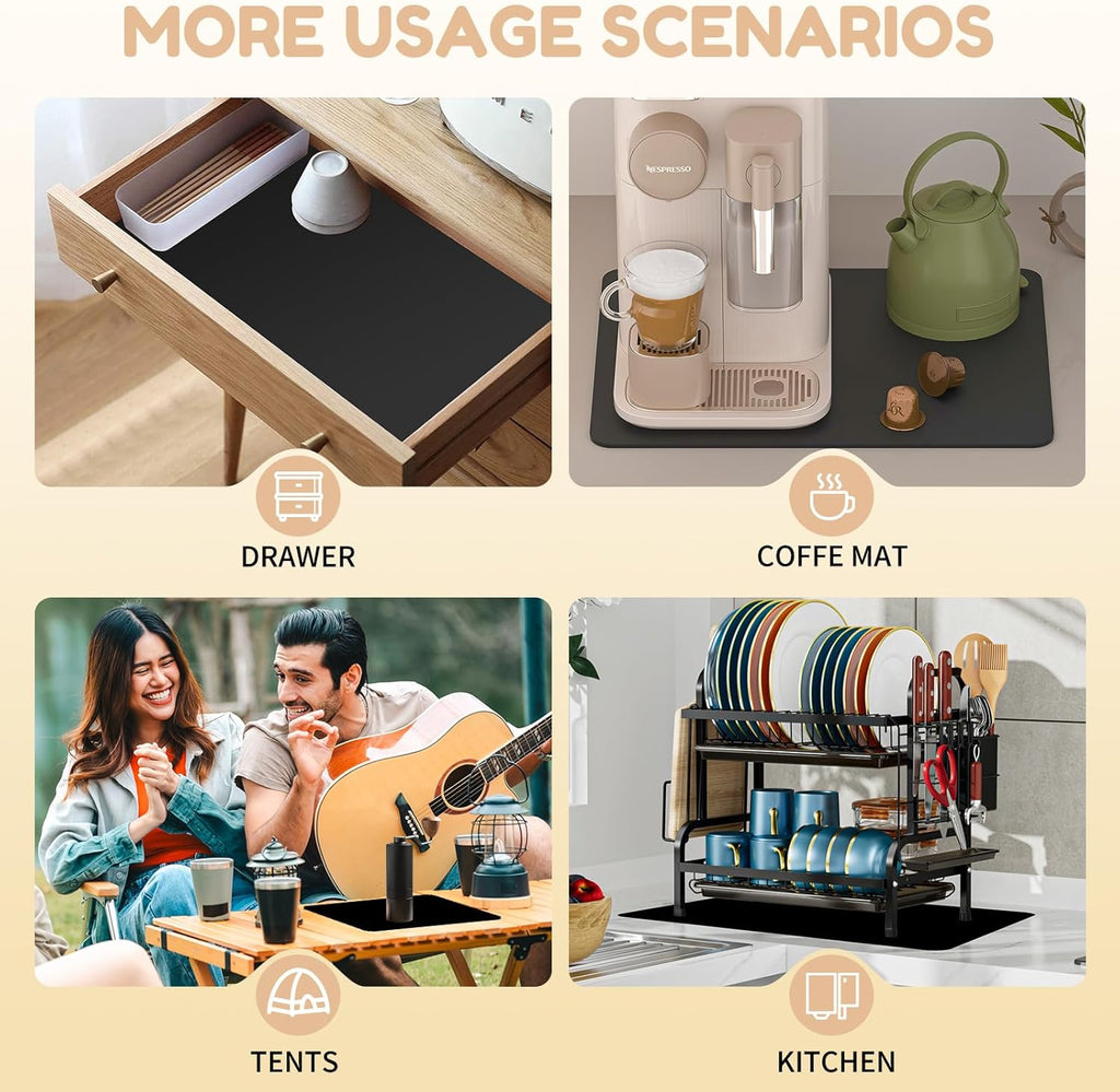 Coffee Mat Hide Stain Rubber (Black, 40cm×50cm), Coffee Bar Accessories Fit Under Espresso Machine CoffeeMaker Coffeepot, Backed Absorbent Dish Drying Mat for Kitchen Counter (Black, 20"x24")