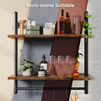Bestier 24" Floating Kitchen Shelves Wall Mounted 2 Tier Coffee bar Shelves with 8 Hooks, Industrial Wall Shelf for Kitchen, Living Room Bedroom, Rustic Brown