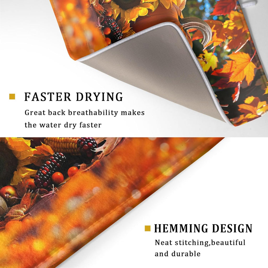 Fall Harvest Pumpkin Dish Drying Mat for Kitchen Counter,Thanksgiving Maple Leaves Sunflower Drying Mat 18 x 24 Inch with Absorbent Reversible Microfiber Dish Drying Pad for Coffee Bar