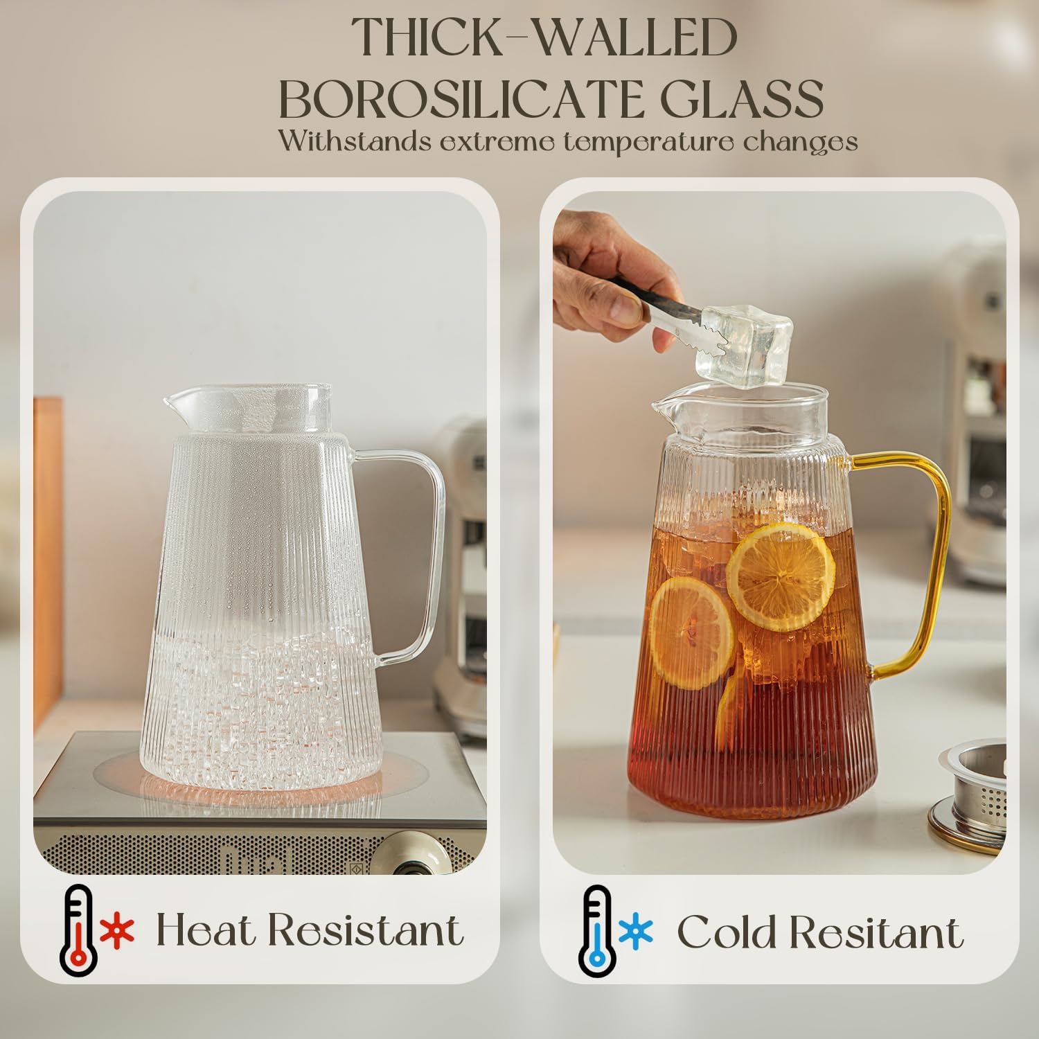 [2 Pack] Ribbed Glass Pitcher Set – 71oz Heat-Resistant Beverage Jugs with Lid for Water, Iced Tea, Juice, Coffee – Large Borosilicate Carafes for Hot & Cold Drinks, Elegant Serving Pitchers