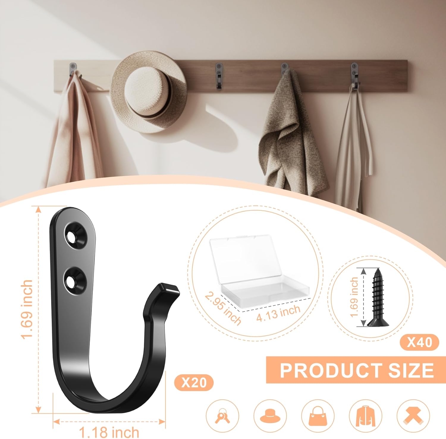 20PCS Heavy Duty Metal Coat Hooks for Wall, Single Prong Hanging Hooks with 40 Screws for Towels, Backpacks, Hats & Dog Leashes