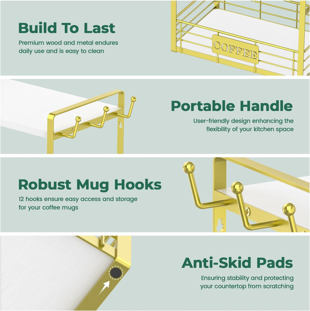 EsLuker.ly Coffee Bar Station Organizer Mug Cup Holder Stand for Countertop, Multi-Functional 2 Tier Mug Tree Rack for Kitchen, Storage Shelf with 12 Hooks, White-Gold