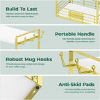 EsLuker.ly Coffee Bar Station Organizer Mug Cup Holder Stand for Countertop, Multi-Functional 2 Tier Mug Tree Rack for Kitchen, Storage Shelf with 12 Hooks, White-Gold