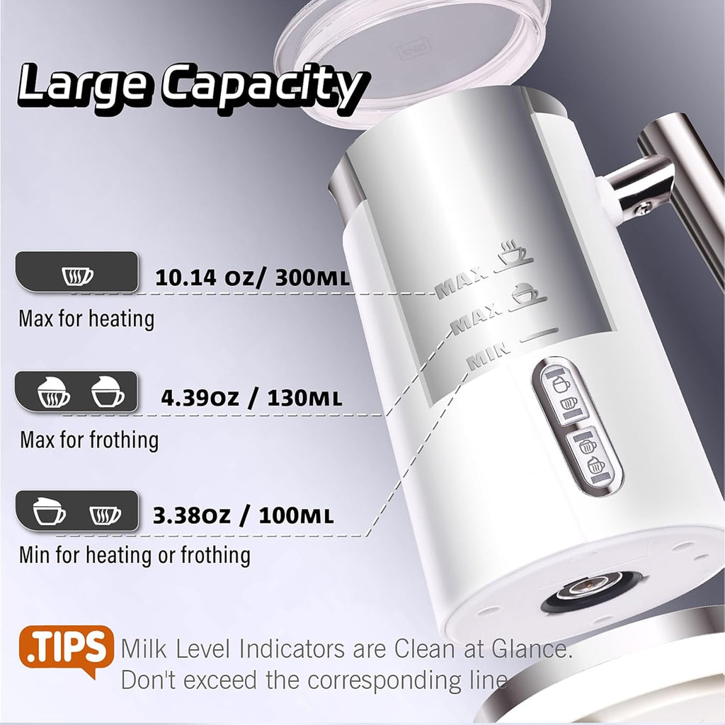 Huogary 4-in-1 Milk Frother, Updated Milk Frother and Steamer, Milk Steamer for Milk Foam & Hot Milk(4.39oz/10.5oz), Electric Milk Warmer and Frother for Coffee, Latte, Cappuccino White 120V
