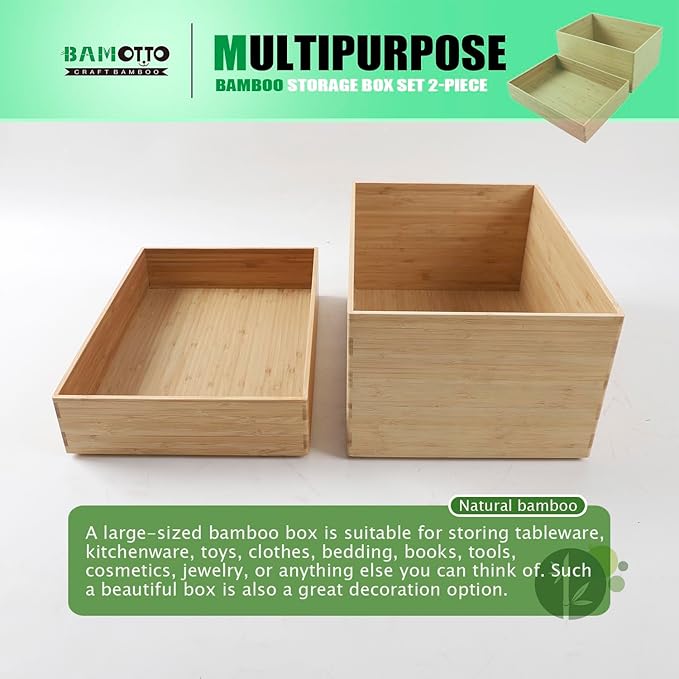 2-Piece Large Bamboo Storage Box Set, 7.1 in High Stackable Deep-Drawer Organizer for Kitchen Cutlery, Utensils & Knives, Lidless Wooden Bin for Homes & Offices (14.6"x10.2"x7.1"+14.6"x10.2"x3.1")