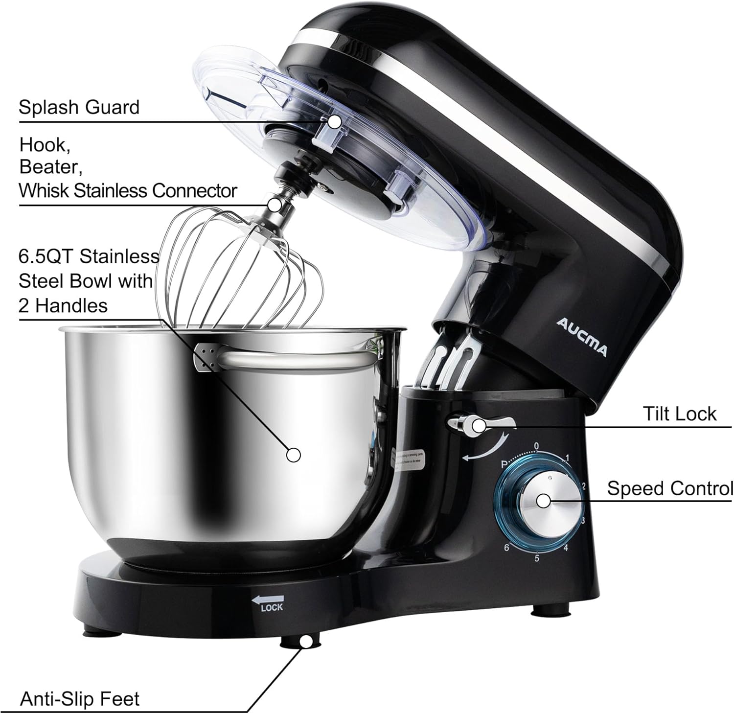Aucma Stand Mixer,6.5-QT 660W 6-Speed Tilt-Head Food Mixer, Kitchen Electric Mixer with Dough Hook, Wire Whip & Beater (6.5QT, Black)