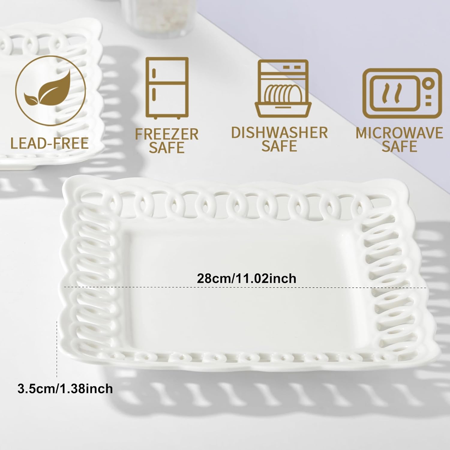 Ceramic Square Dinner Plates, 11 inch Square Serving Plate Set of 4 for Steak Pasta Salad Snacks Pizza Appetizer, New Bone Porcelain Plates with Lace Rim, Party Wedding Birthday Christmas Gift, White