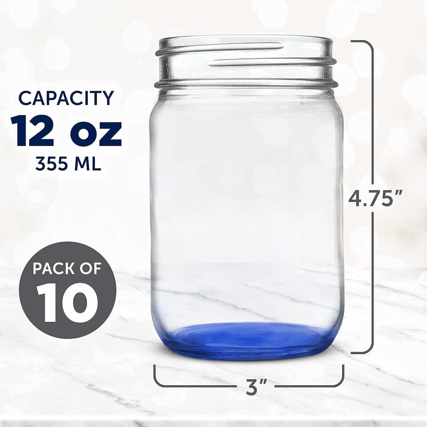 DISCOUNT PROMOS Decorating Mason Jars 12 oz. Set of 10, Bulk Pack - Glass Jars for Overnight Oats, Candies, Fruits, Pickles, Spices, Beverages - Blue