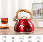 Tea Kettle, Toptier Teapot Whistling Kettle with Wood Pattern Handle Loud Whistle, Food Grade Stainless Steel Tea Pot for Stovetops Induction Diamond Design Water Kettle, 2.7-Quart Red