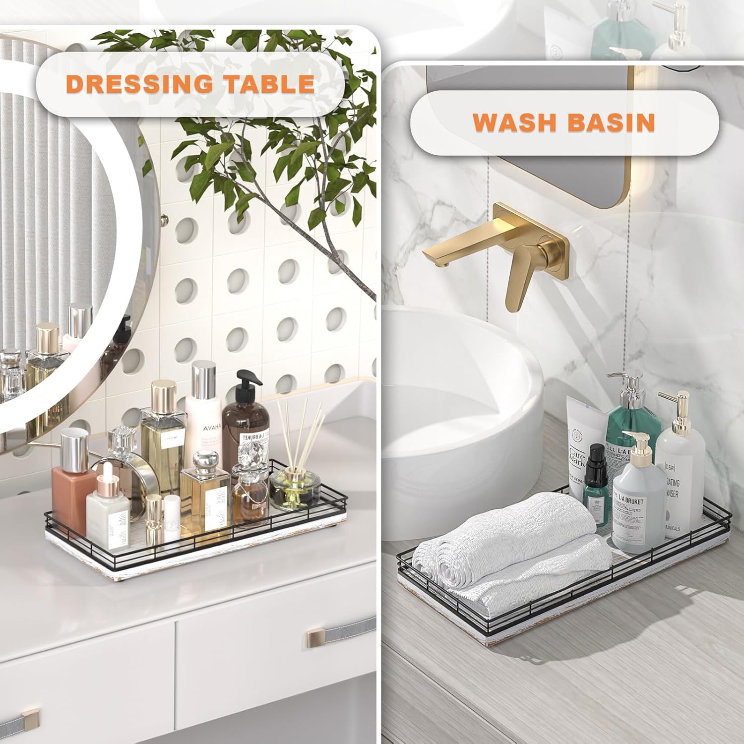 Bathroom Toilet Tank Tray, 13" Wood Toilet Paper Storage Basket Tray Back of Toilet Basket Organizer,Vanity Tray for Perfume Makeup Candle Decor, Black & Farmhouse White