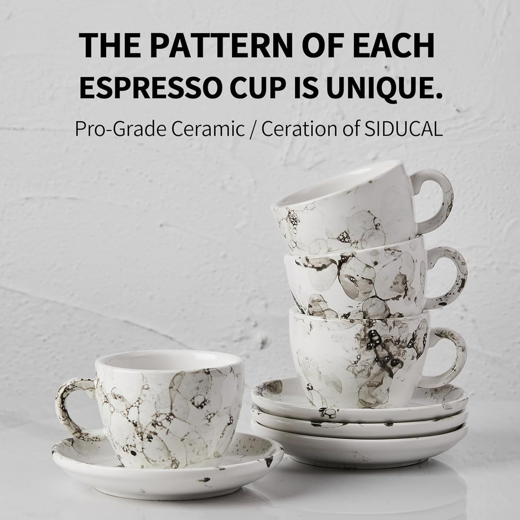 SIDUCAL Espresso Cups Set of 4,6 Ounce Ceramic Coffee Cups with Saucers,Porcelain Double Espresso Cup Set,Gift Box for Boyfriend Gift(White)
