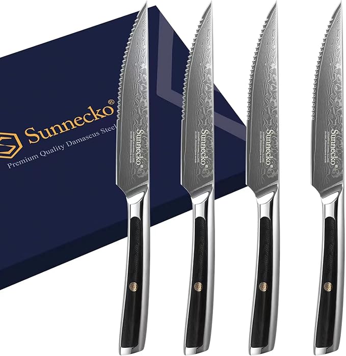 Sunnecko Damascus Steak Knives Set of 4 Serrated, Japanese VG10 Stainless Steel Steak knives Dishwasher Safe, 5 Inch Steak Knives G10 Handle with Gift Box