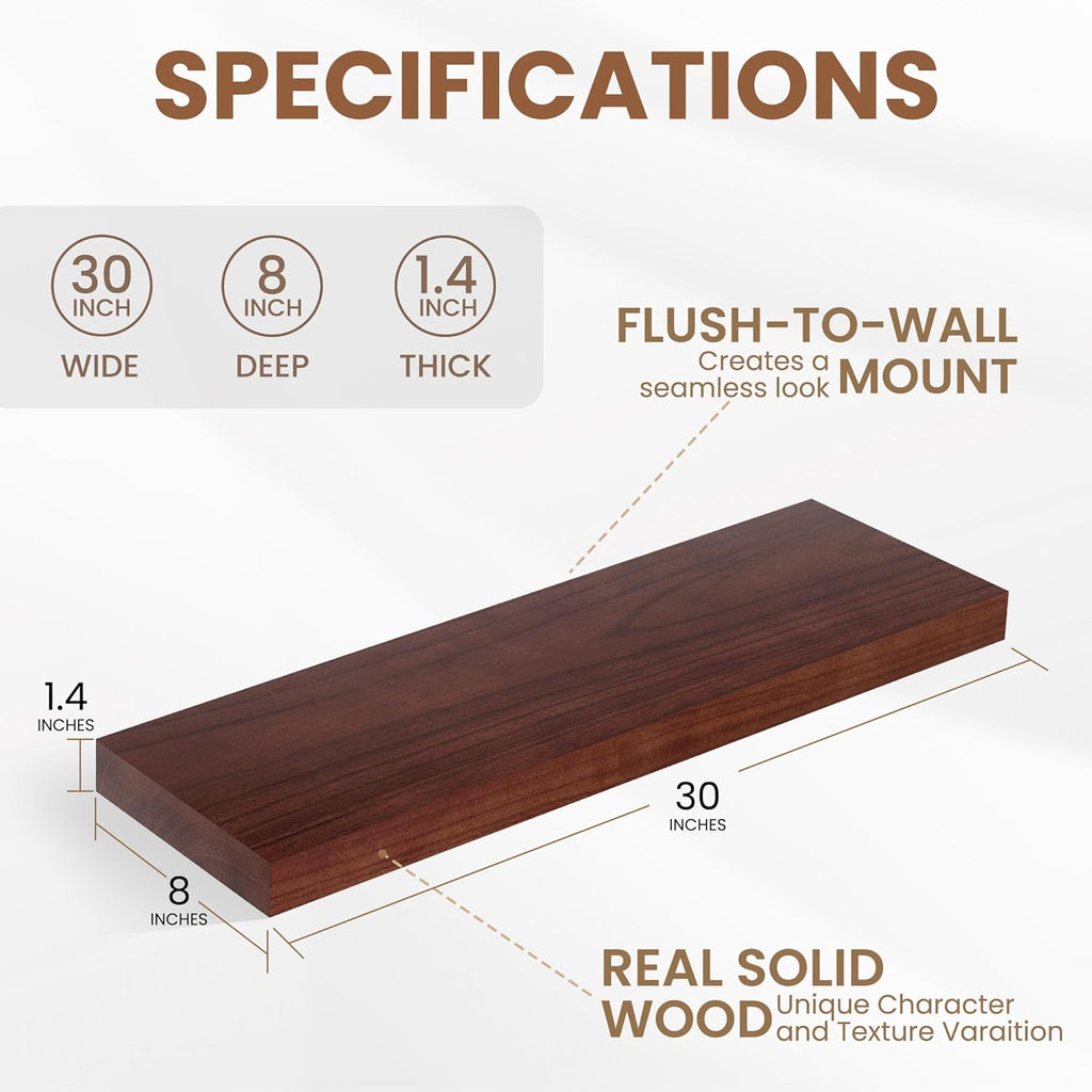 Fun Memories Rustic Floating Shelves for Home Decor, 8 Inch Deep Floating Shelf, Solid Wood Floating Wall Shelves 30 Inch Long, Deep Wall Shelves for Bathroom, Living Room, Walnut Finsh, Set of 2