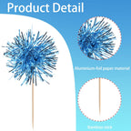 40 PCS Foil Firework Cupcake Toppers Light Blue Sparkler Cupcake Picks Sparkle Tinsel Fireworks Decorations Cocktail Fruit Toothpick for Firework Theme Birthday Wedding Graduation Party Decor Supplies