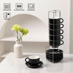 Sweejar Ceramic Espresso Cups Set of 6, Espresso Cup Stackable, 4 Oz Stackable Cappuccino Cups with Saucers and Metal Stand for Coffee Drinks, Americano, Latte, Tea (Black)