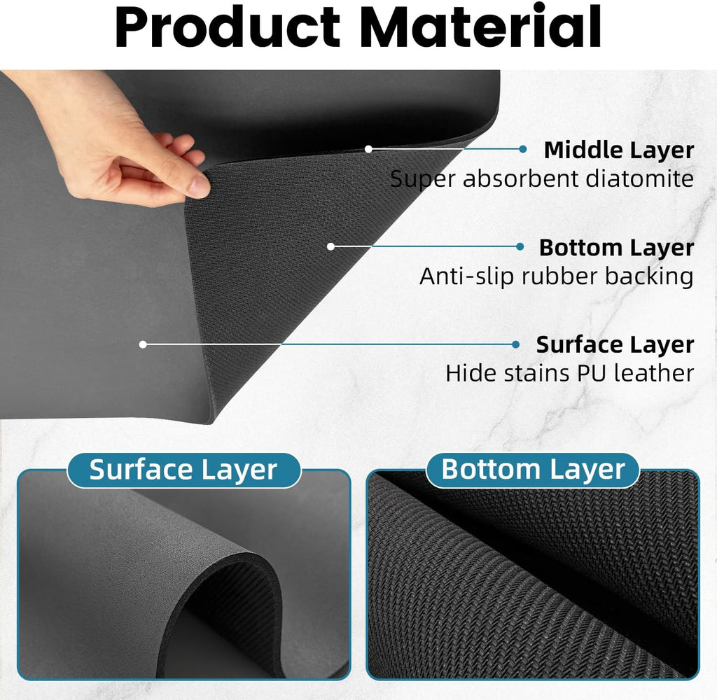 PoYang 24"x16" Coffee Mat Large, Coffee Bar Accessories for Countertop, Absorbent Dish Drying Mat, Anti-Slip and Hide Stain Pad for Espresso Machine, Espresso Maker and Kitchen Counter, Gray